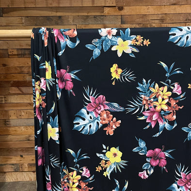 Monstera Floral on Black Double Brushed Poly Spandex