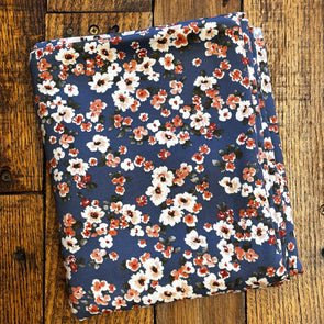 Aspen Ivory & Tan Floral on Dark Denim Double Brushed Poly Spandex (LAST YARDS-MAY NOT BE CONTINUOUS)