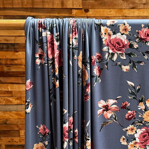 Roses on Denim Blue Double Brushed Poly Spandex (LAST YARDS-MAY NOT BE CONTINUOUS)