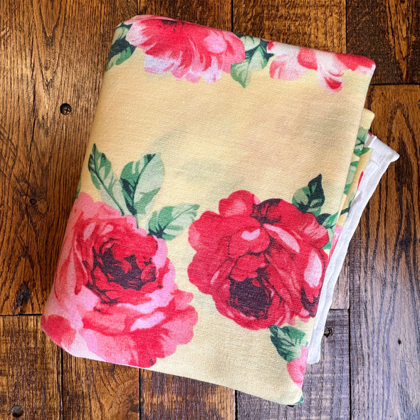 Red Roses on Yellow Poly Rayon Spandex French Terry.