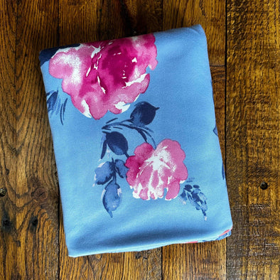 Large Blush & Fuschia Floral on Chambray Double Brushed Poly