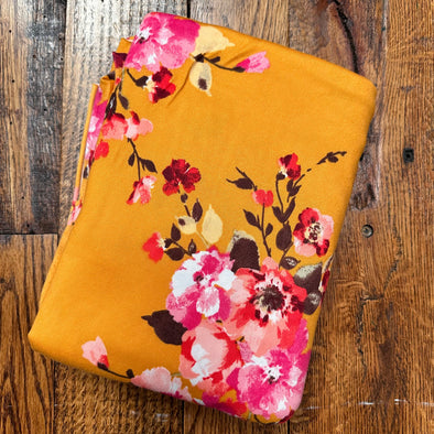 *Fuchsia Floral on Gold Double Brushed Poly-LAST YARDS (May not be continuous)